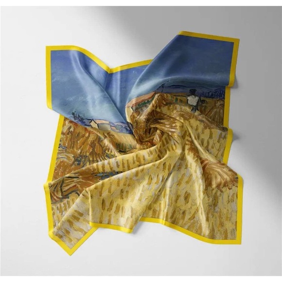 VAN Gogh oil painting series ‘Wheat Field Harvest’ on square silk scarf - Picture 3 of 5